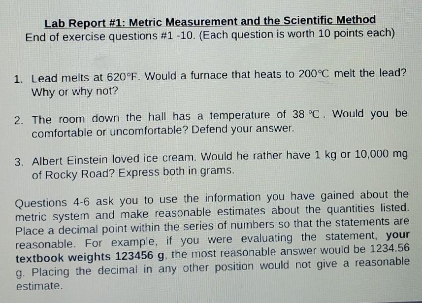 Solved Lab Report #1: Metric Measurement and the Scientific | Chegg.com