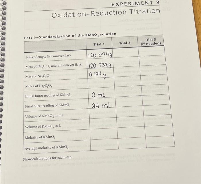 Solved OxidationReduction Titration