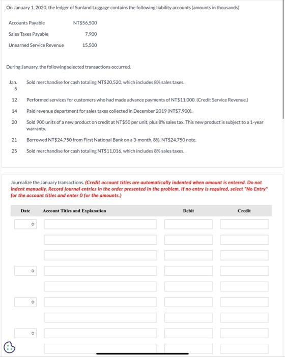 Solved On January 1,2020, the ledger of Sunland Luggage | Chegg.com