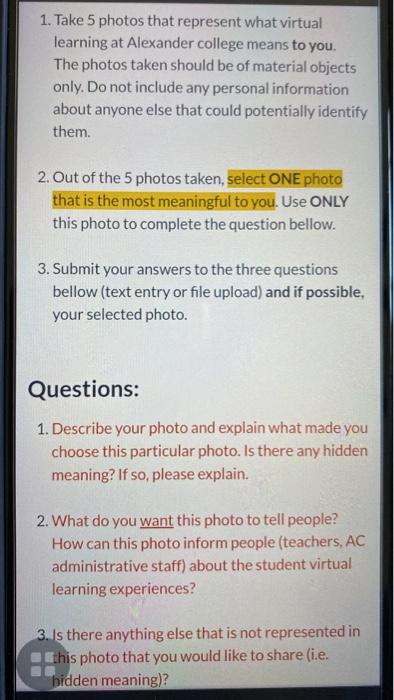 Solved 1 Take 5 Photos That Represent What Virtual Learning Chegg Com