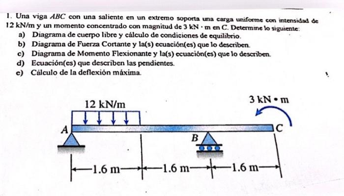 1. Una viga \( A B C \) con una saliente en un extremo soporta una carga uniforme con intensidad de \( 12 \mathrm{kN} / \math