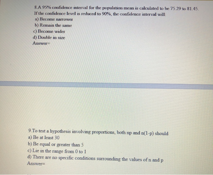 Solved 8 A 95% confidence interval for the population mean | Chegg.com