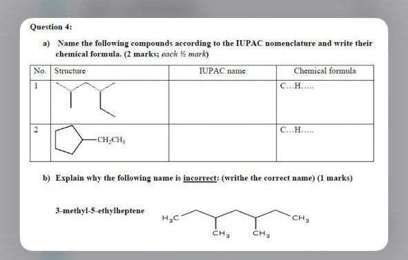 Question 4: a) Name the following compounds according to the IUPAC nomenclature and write their chemical formula. (2 marks; e