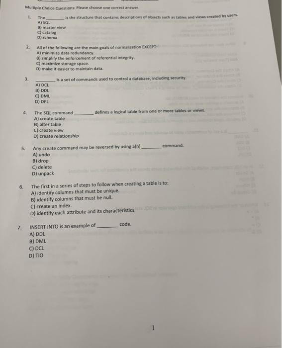 Solved Multiple Choice Questions: Please choose one correct | Chegg.com