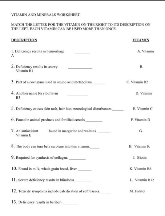 Solved VITAMIN AND MINERALS WORKSHEET. MATCH THE LETTER FOR