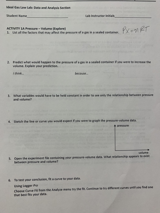 Solved Ideal Gas Law Lab: Data and Analysis Section Student | Chegg.com