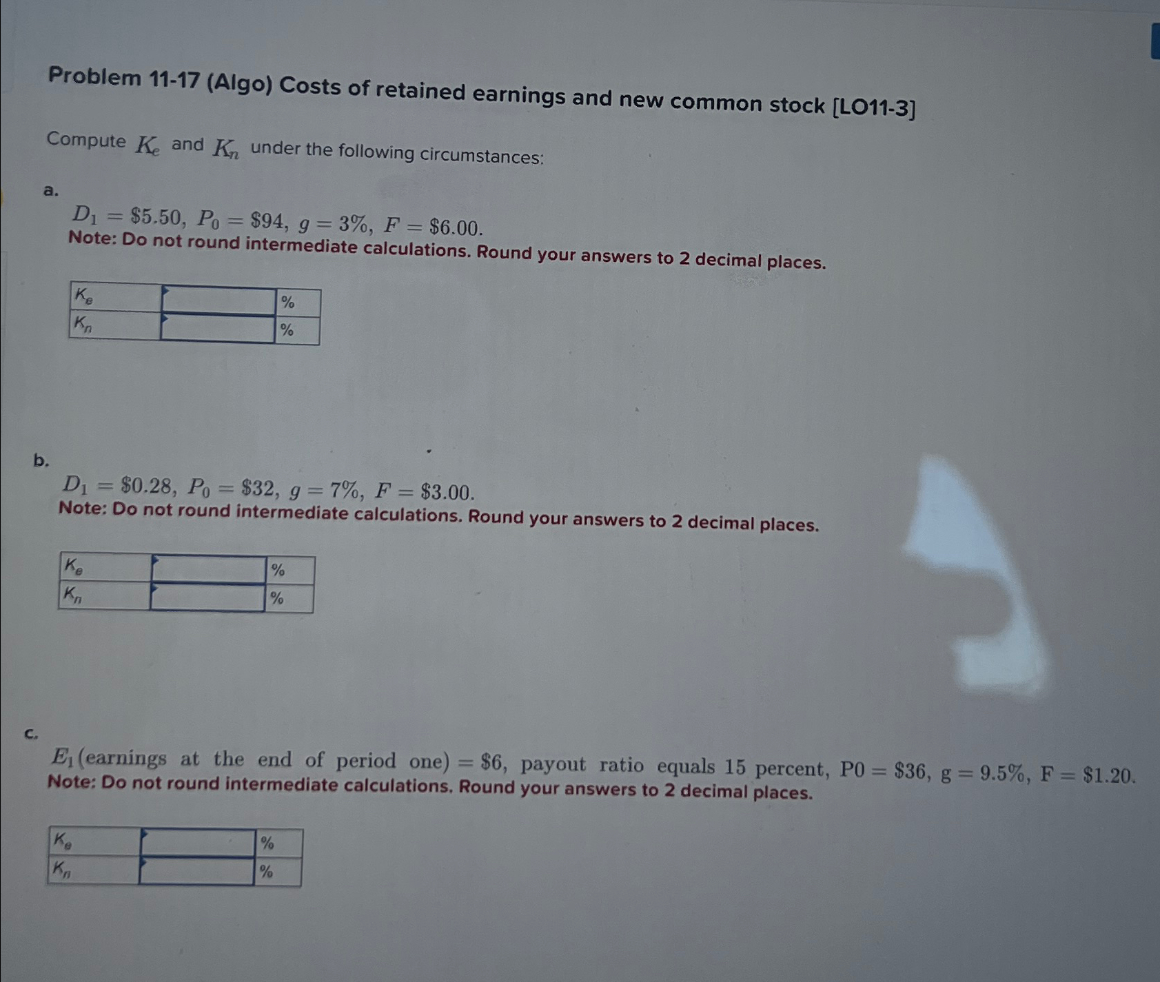Solved Problem 11-17 (Algo) ﻿Costs of retained earnings and | Chegg.com