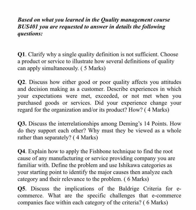 Solved Based on what you learned in the Quality management | Chegg.com
