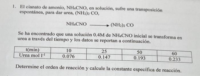 1. El cianato de amonio, \( \mathrm{NH}_{4} \mathrm{CNO} \), en solución, sufre una transposición espontánea, para dar urea,