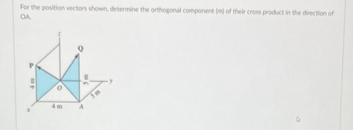 For the position vectors shown, determine the orthogonal component \( (m) \) of their cross product in the direction of OA