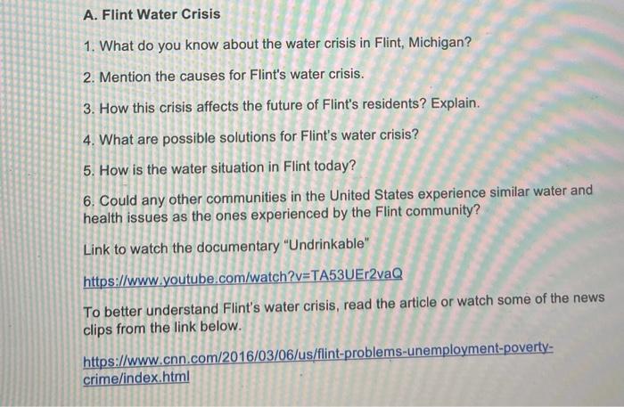 Solved A. Flint Water Crisis 1. What do you know about the | Chegg.com