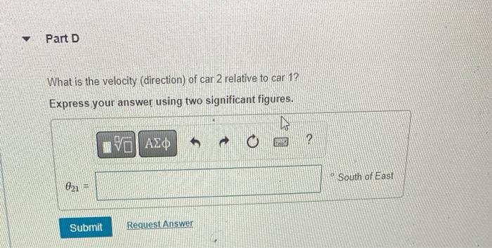 What is the velocity (direction) of car 2 relative to car 1 ?
Express your answer using two significant figures.