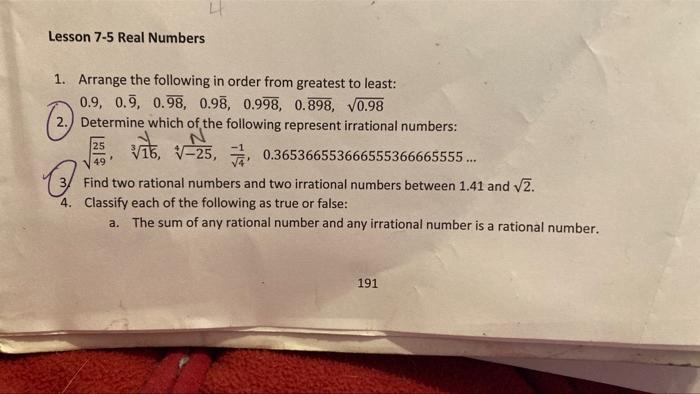 Solved 4 Lesson 7-5 Real Numbers 1. Arrange the following in | Chegg.com
