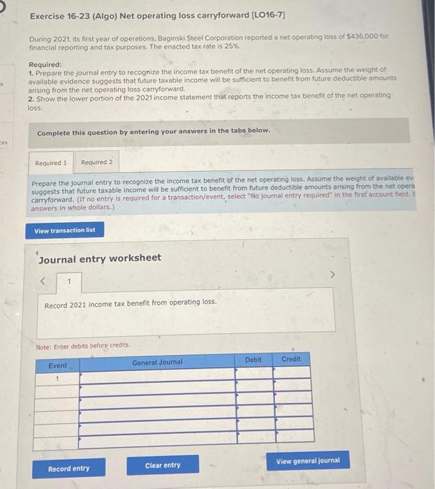 Solved Exercise 1623 (Algo) Net operating loss carryforward