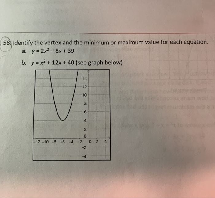 Solved 58 Identify The Vertex And The Minimum Or Maximum Chegg Com