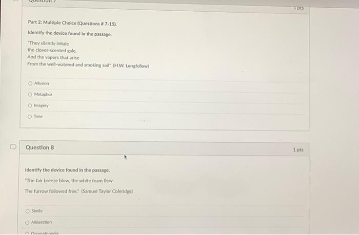 Part 1 (Questions # 1-6) Identify the poetic term | Chegg.com