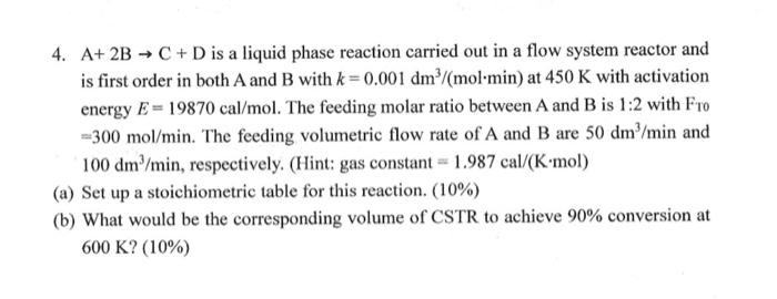 Solved 4. A+ 2B - C + D is a liquid phase reaction carried | Chegg.com