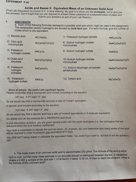 Solved EXPERIMENT 9 (a) Acids and Bases II: Equivalent Mass | Chegg.com