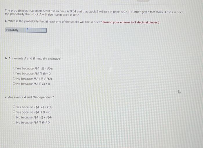 Solved The probabilities that stock A will rise in price is | Chegg.com