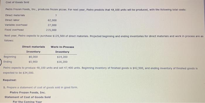 Solved Cost of Goods Sold 2 Pietro Frozen Foods, Inc., | Chegg.com