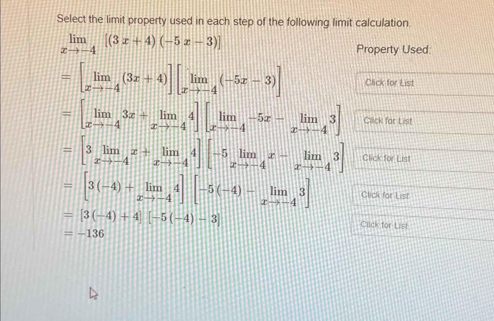Solved Select the limit property used in each step of the | Chegg.com