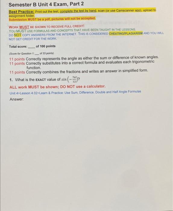 Solved Semester B Unit 4 Exam, Part 2 Best Practice: Print | Chegg.com