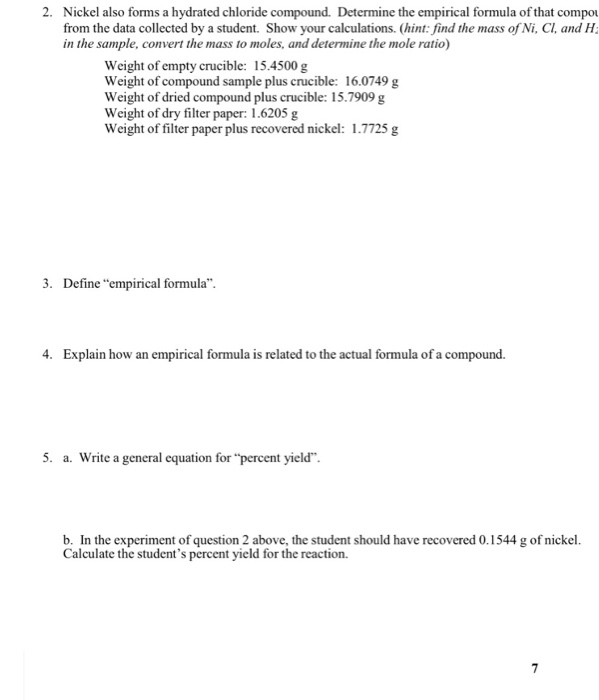 Solved 2. Nickel also forms a hydrated chloride compound. | Chegg.com