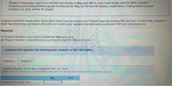 Shadee Corporation expects to sell 650 sun shades in May and 390 in June. Each shade sells for \( \$ 142 \). Shadees beginni