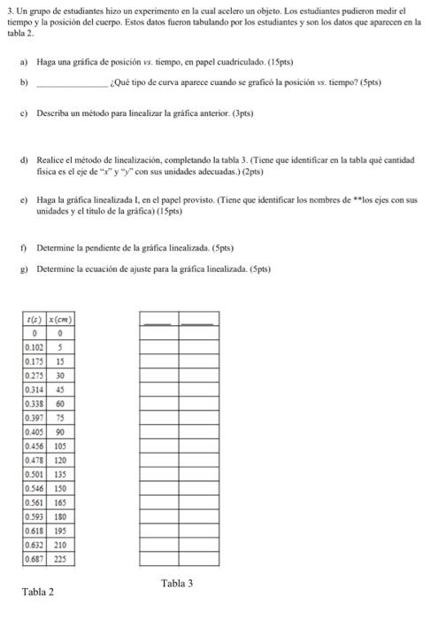 3. Un grupo de estudiantes hizo un experimento en la cual acelero un objeto. Los estudiantes pudieron medir el tiempo y la po