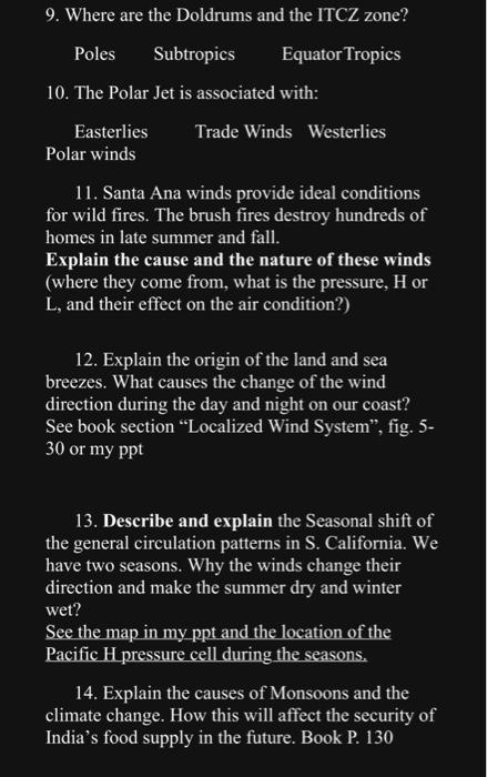 9. Where are the Doldrums and the ITCZ zone? Poles | Chegg.com