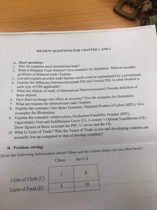 1000 REVIEW QUESTIONS FOR CHAPTER 1 AND 2 A. Short