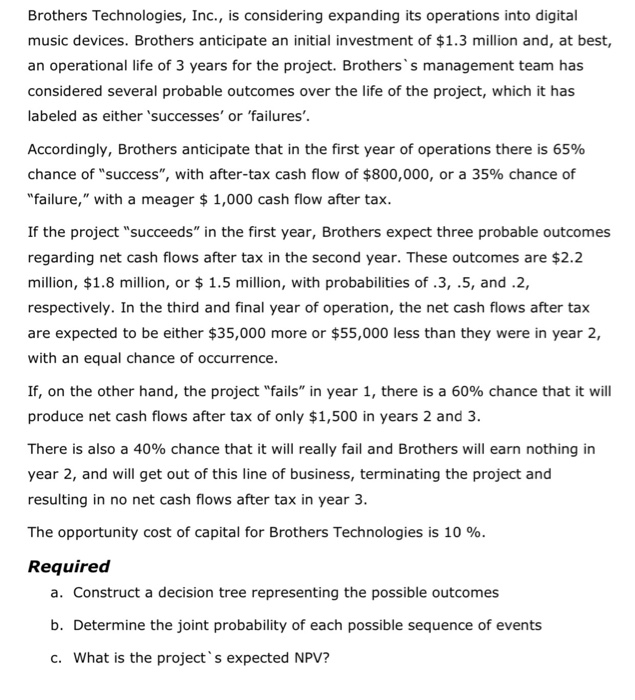Solved Brothers Technologies, Inc., is considering expanding