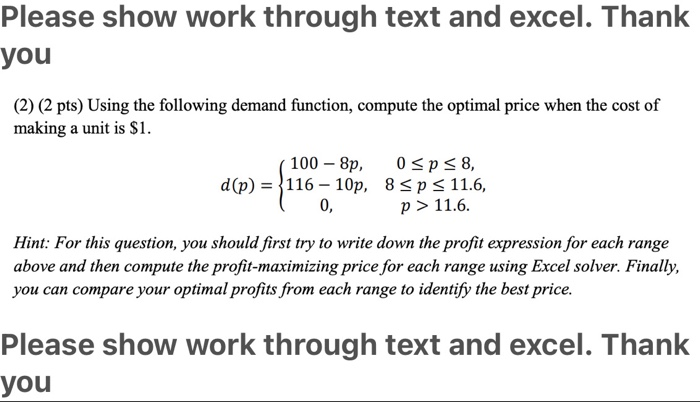 Solved Please show work through text and excel. Thank you | Chegg.com