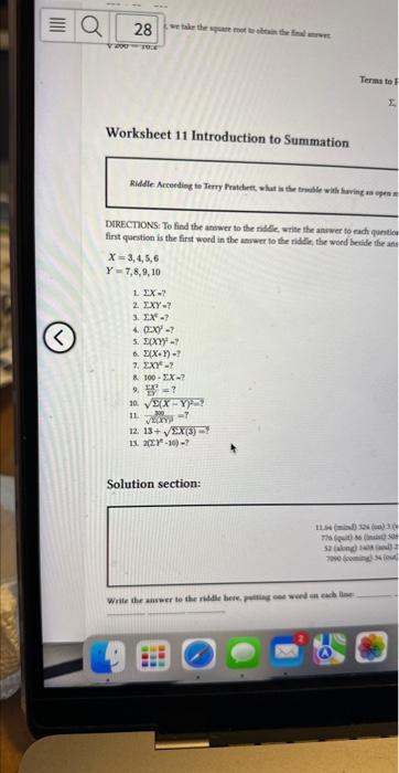 Solved Worksheet 11 Introduction to Summation Riddle | Chegg.com