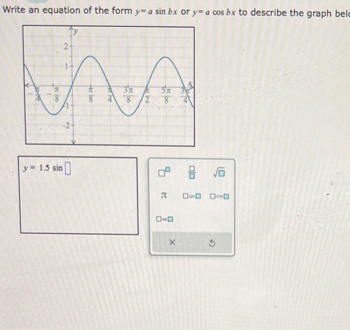 Write an equation of the form \( y=a \sin b x \) or \( y=a \cos b x \) to describe the graph bel