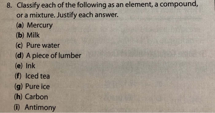 Solved 8. Classify each of the following as an element, a | Chegg.com