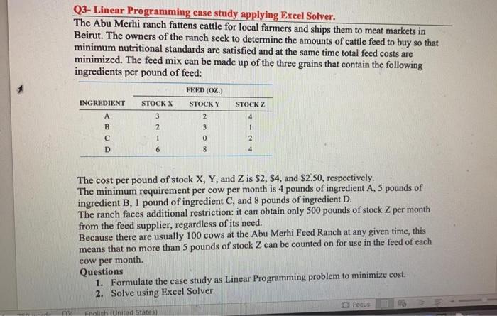 Solved Q3- Linear Programming case study applying Excel | Chegg.com