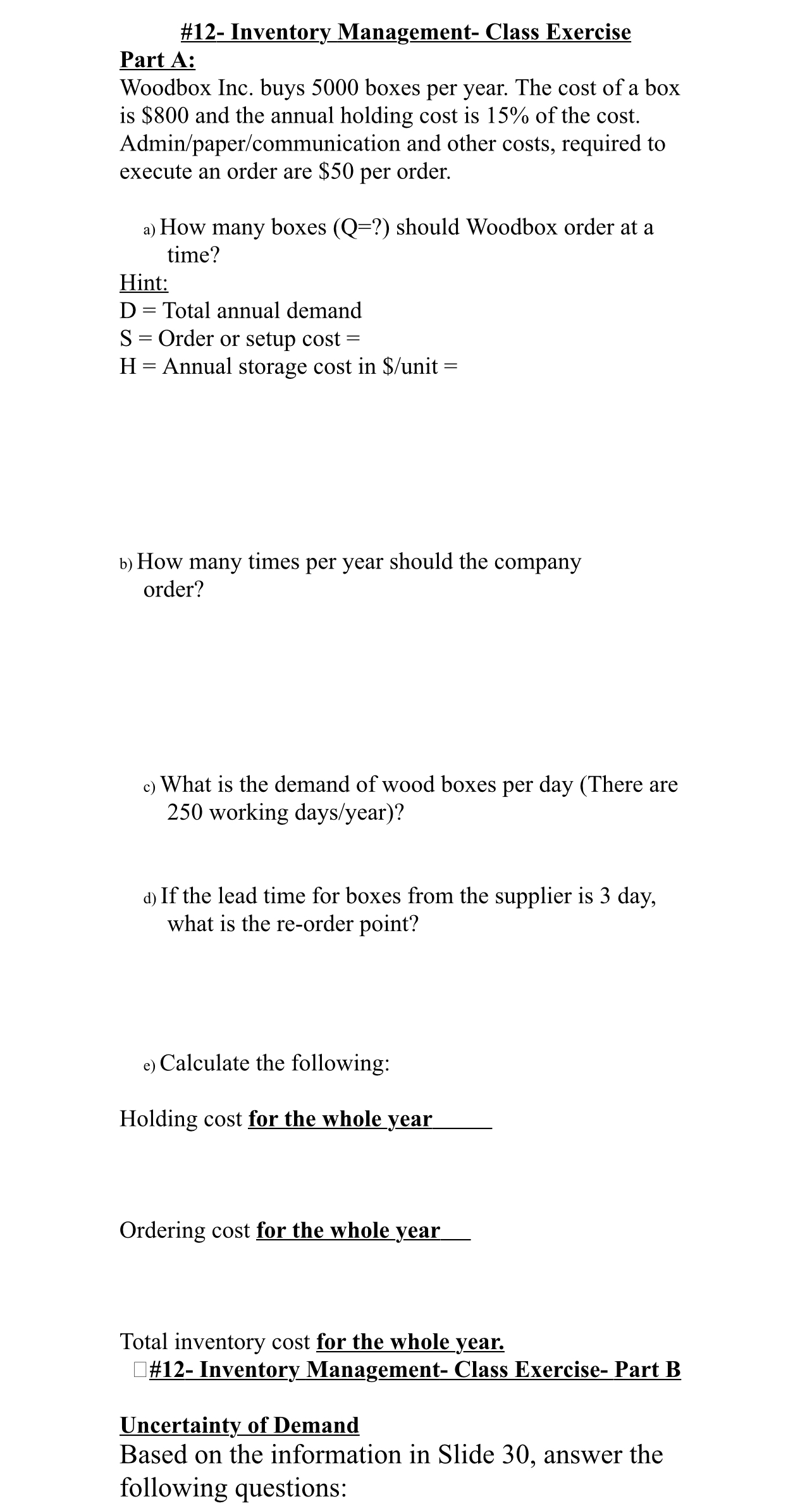 Solved #12- ﻿Inventory Management- ﻿Class ExercisePart | Chegg.com