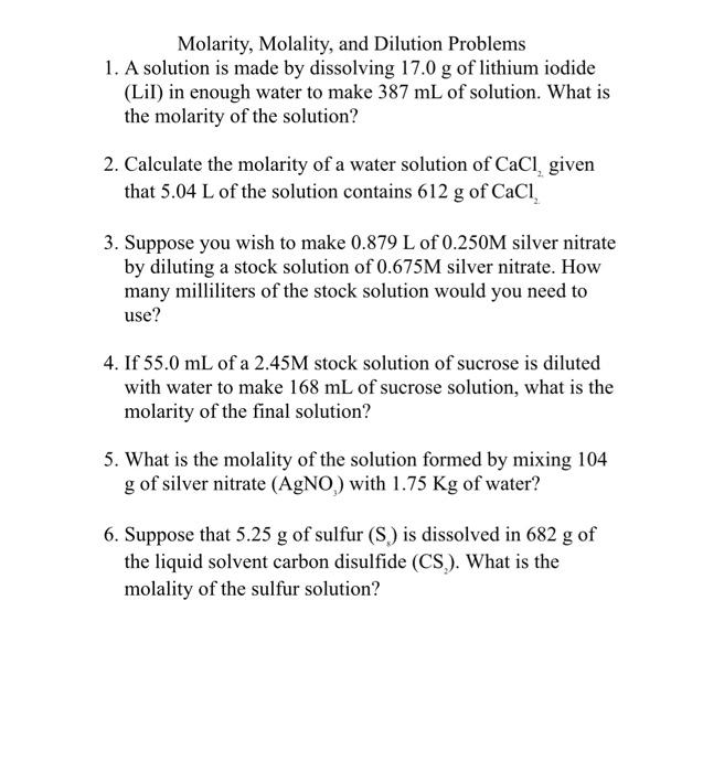 Solved Molarity, Molality, and Dilution Problems 1. A | Chegg.com