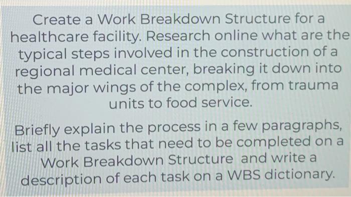 Solved Create a Work Breakdown Structure for a healthcare | Chegg.com