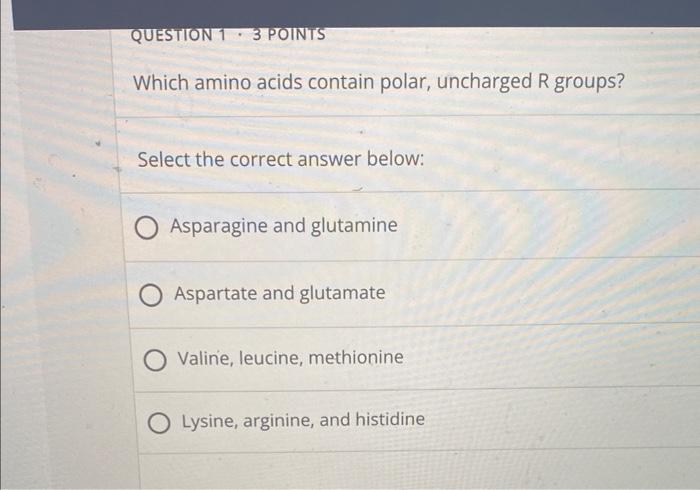 Solved QUESTION 1 3 POINTS Which amino acids contain polar, | Chegg.com