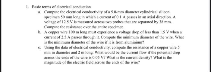 Solved 1. Basic terms of electrical conduction a. Compute | Chegg.com