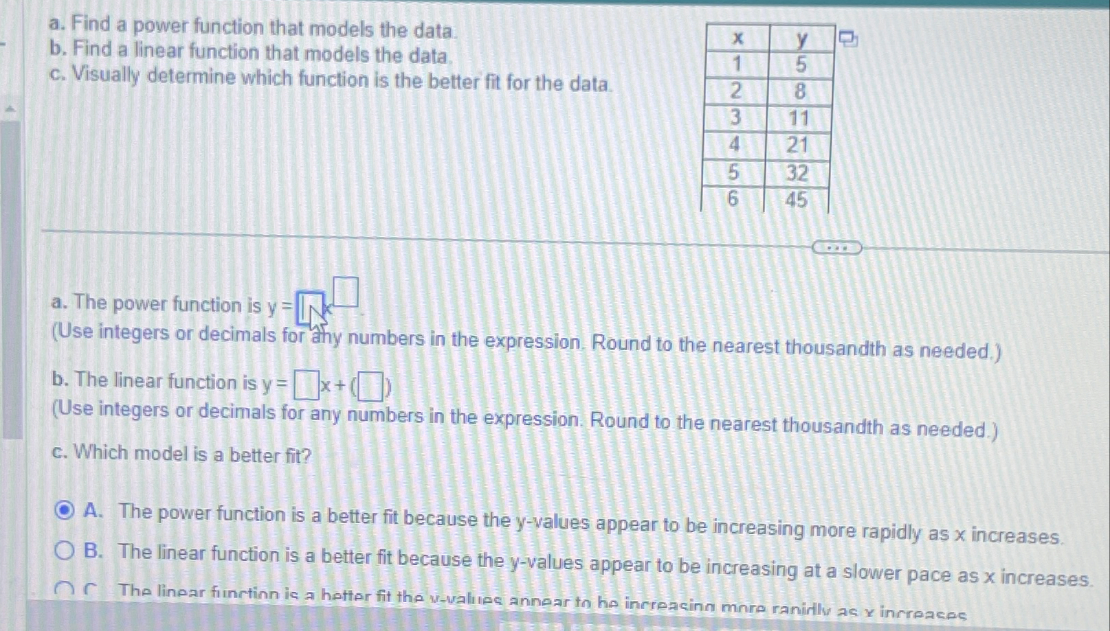 Solved A. ﻿Find A Power Function That Models The Data.b. | Chegg.com