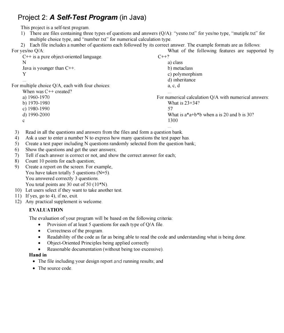Solved a) class Project 2: A Self-Test Program (in Java) | Chegg.com