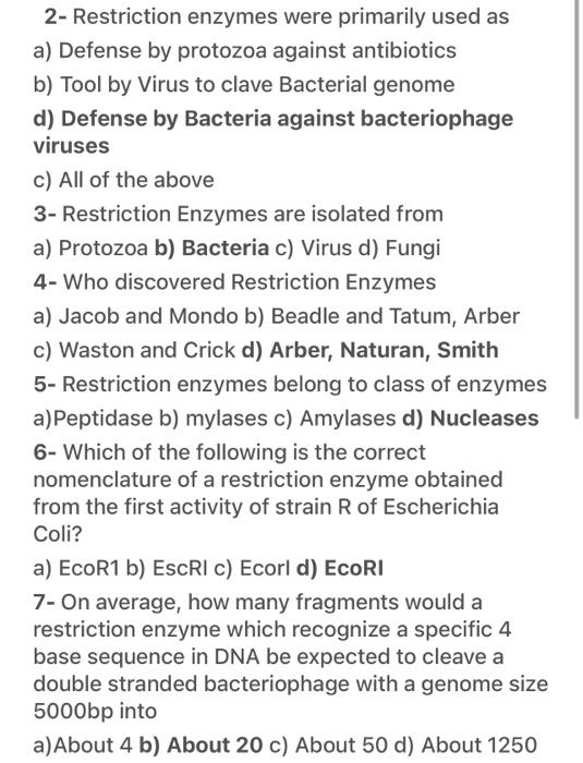 Solved 2- Restriction Enzymes Were Primarily Used As A) | Chegg.com