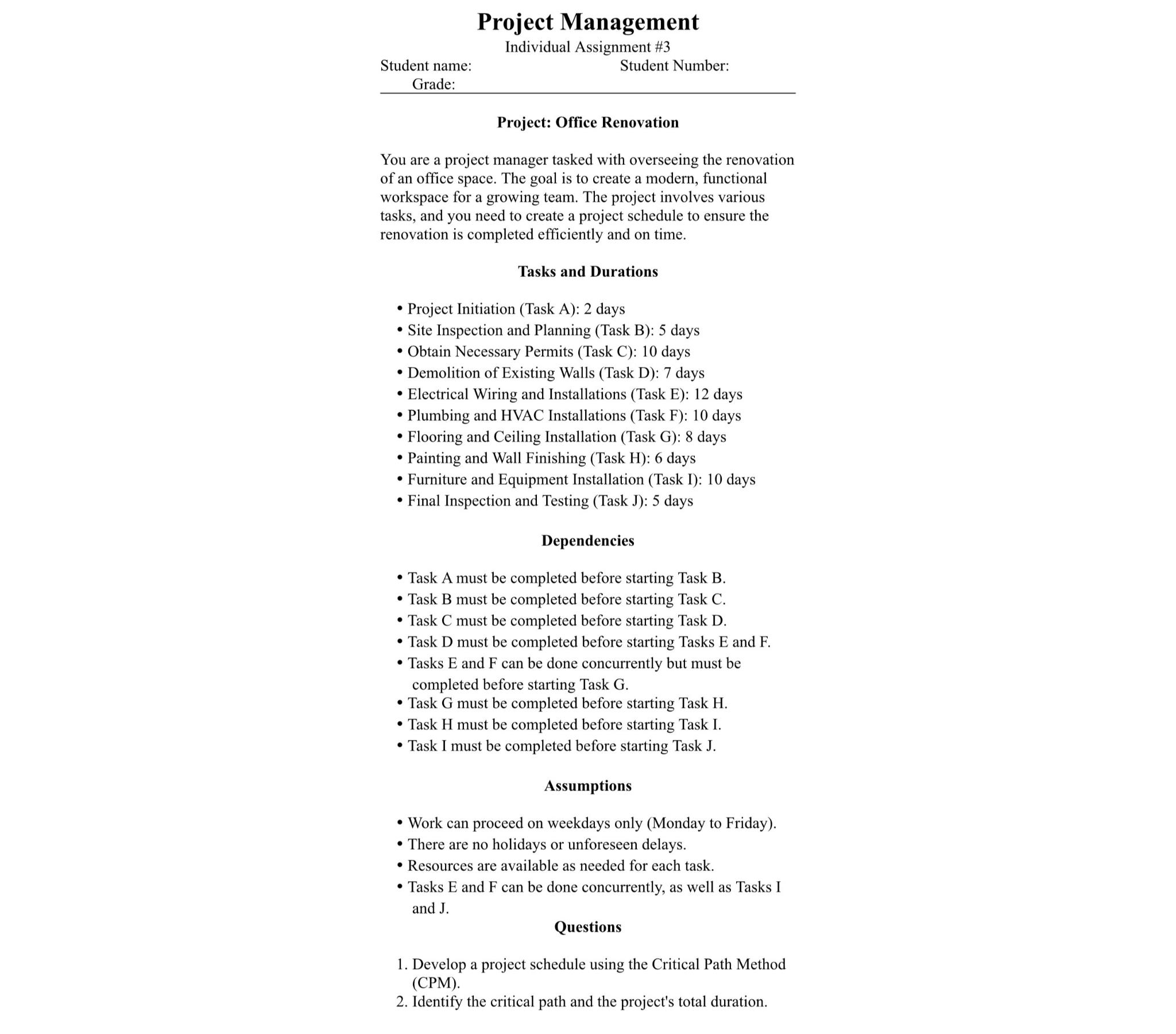 Solved Project ManagementIndividual Assignment #3Student | Chegg.com