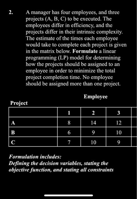 Solved 2. A manager has four employees, and three projects | Chegg.com