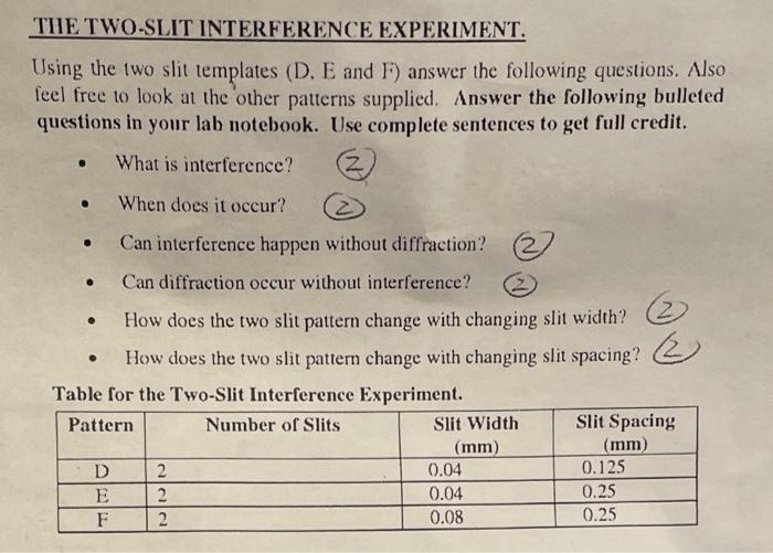Solved TIIE TWO-SLIT INTERFERENCE EXPERIMENT. Using the two | Chegg.com