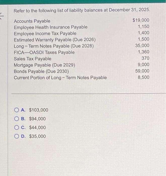 Refer to the following list of liability balances at