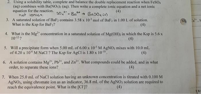 Solved 2. Using a solubility table, complete and balance the | Chegg.com